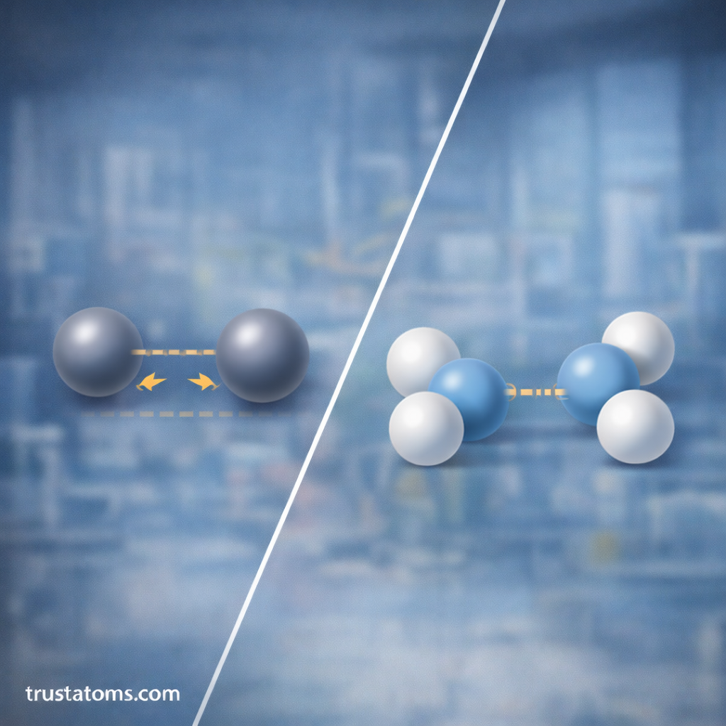 Split illustration comparing London dispersion forces and hydrogen bonding interactions between molecules in intermolecular systems.