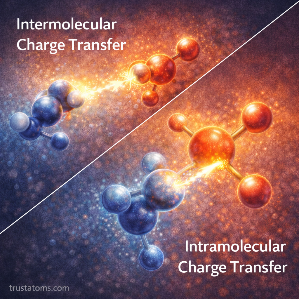 Split illustration showing intermolecular and intramolecular charge transfer interactions between donor and acceptor molecules.