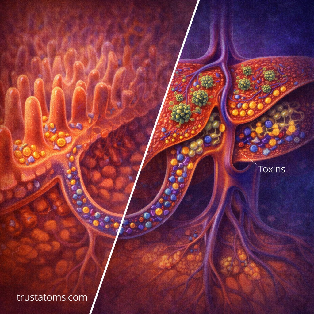 Split illustration showing nutrient absorption in the small intestine and detoxification in the liver connected by portal circulation.