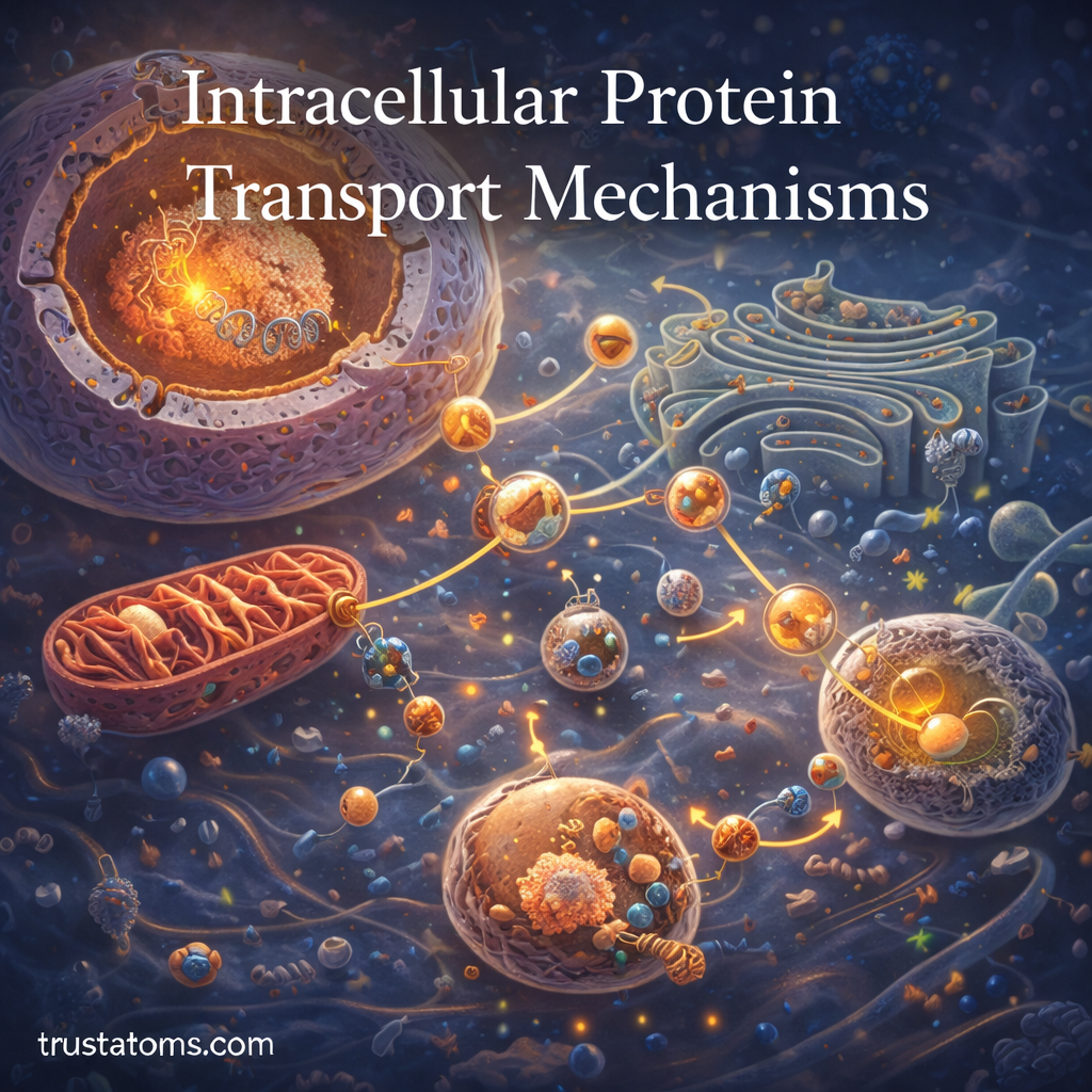 Illustration showing intracellular protein transport pathways between the nucleus, endoplasmic reticulum, Golgi apparatus, mitochondria, and vesicles within a cell.
