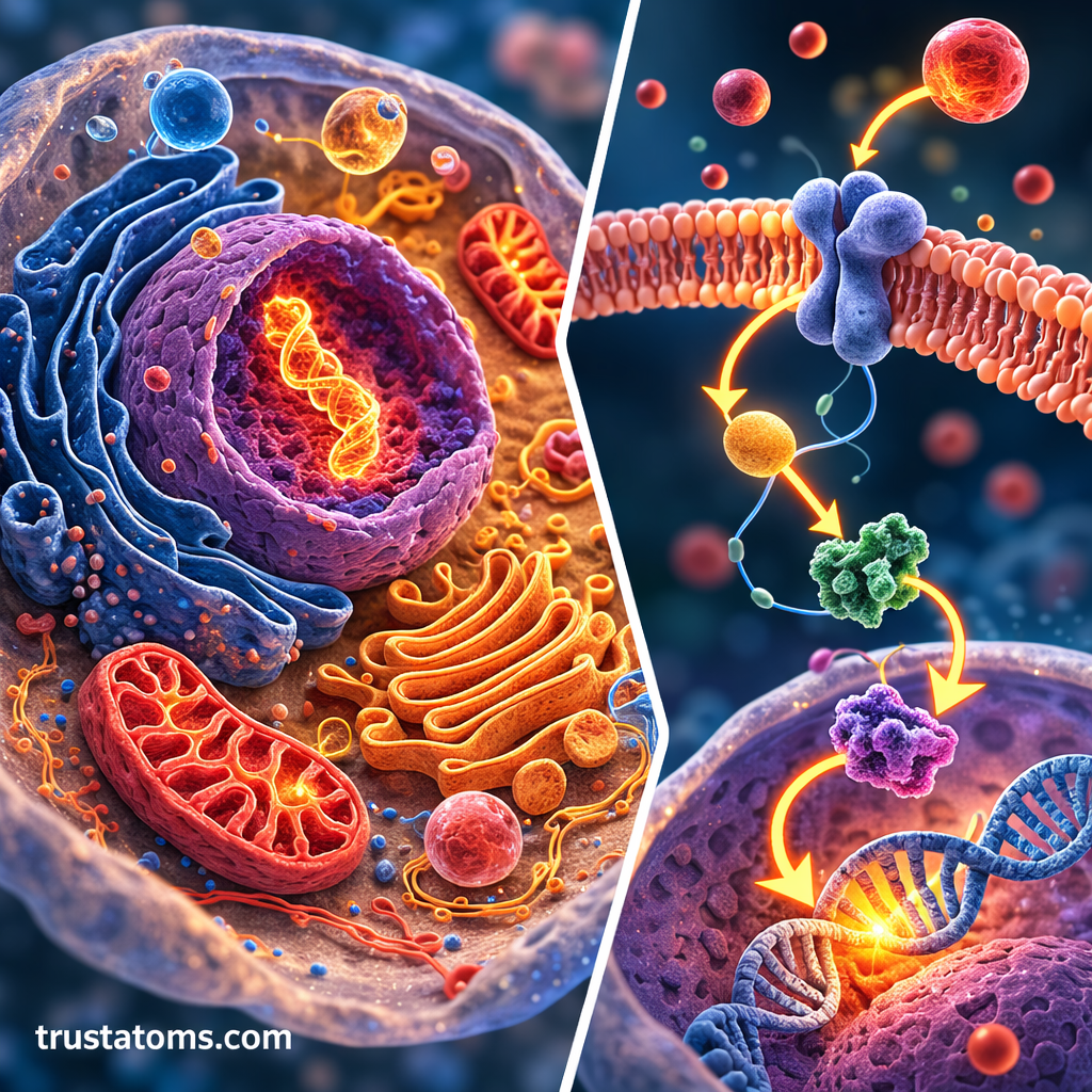 Split diagram showing intracellular signaling pathways with a cell interior on one side and receptor signaling leading to mitochondria activity on the other.