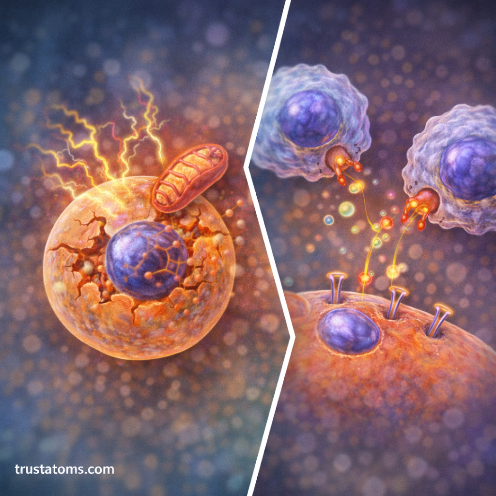 Split illustration showing intrinsic apoptosis triggered by internal cell damage and extrinsic apoptosis activated by immune cell signaling.