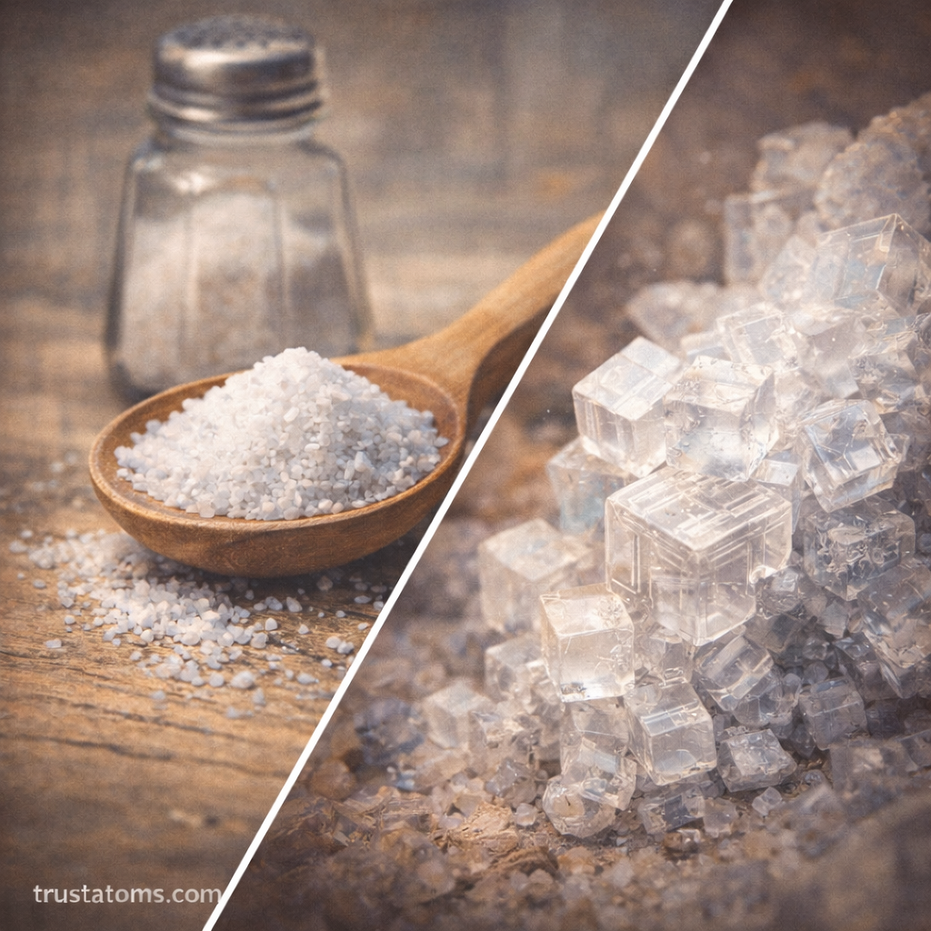 Illustration showing examples of ionic compounds including table salt and cubic salt crystals formed in a crystal lattice.