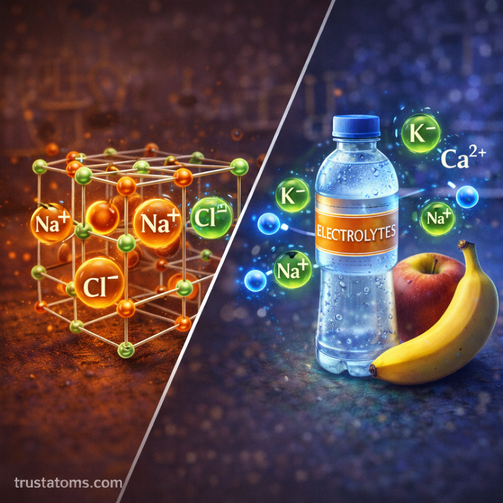 Diagonal split illustration showing an ionic crystal lattice on one side and electrolyte ions in a sports drink with fruit on the other.