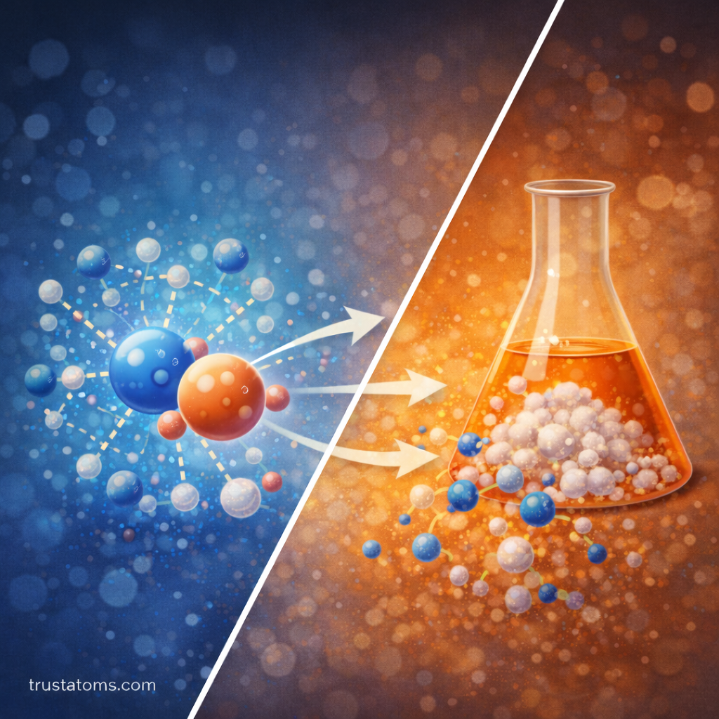 Split illustration showing ion shielding around charged particles and salt dissolving in a solution to represent ionic strength effects.