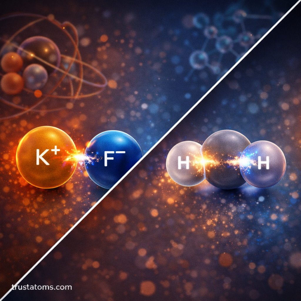 Diagonal split illustration comparing ionic bonding and covalent bonding using simple atom diagrams with trustatoms.com watermark.
