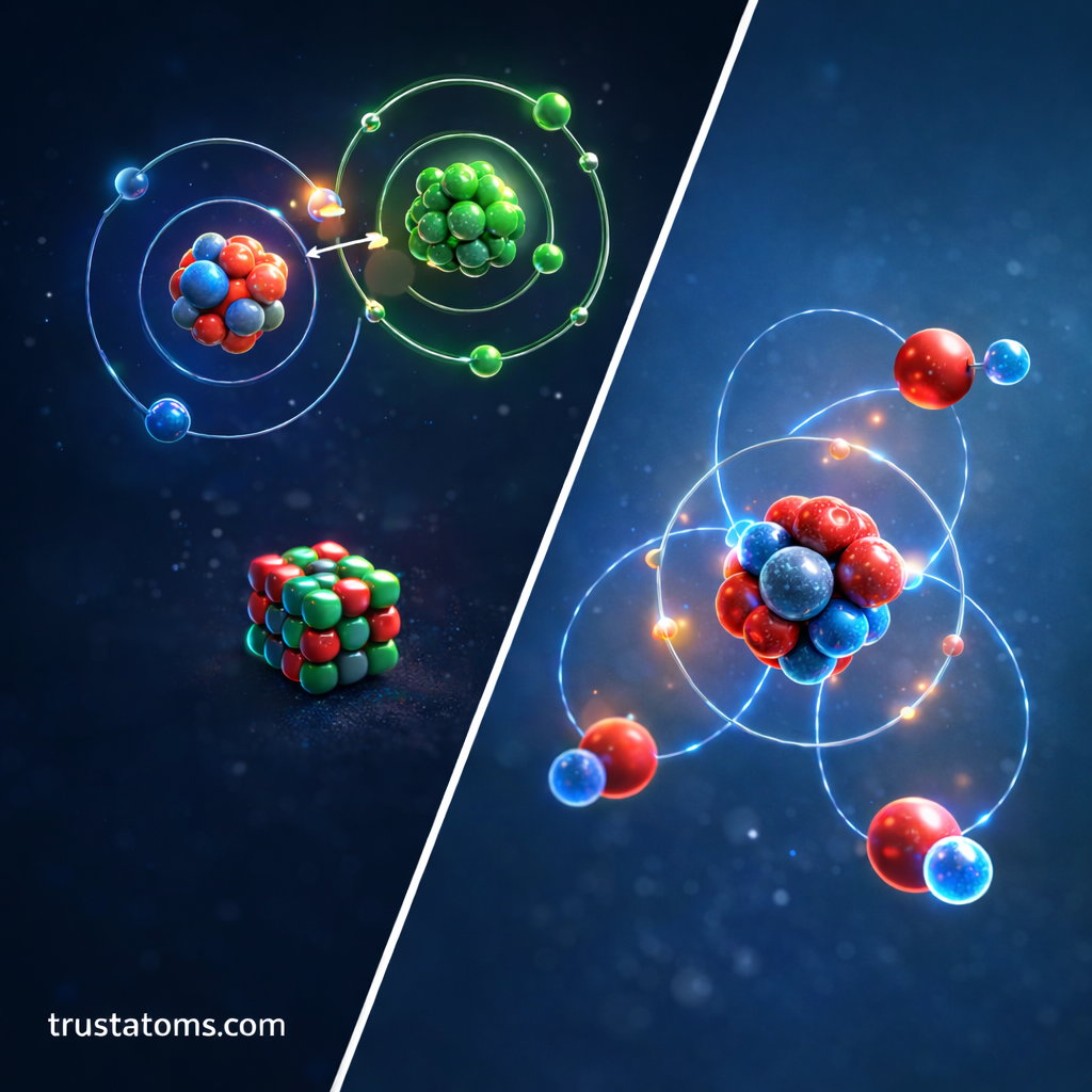 Simple split educational diagram showing atoms transferring an electron on one side and atoms sharing electrons on the other side to illustrate bonding.