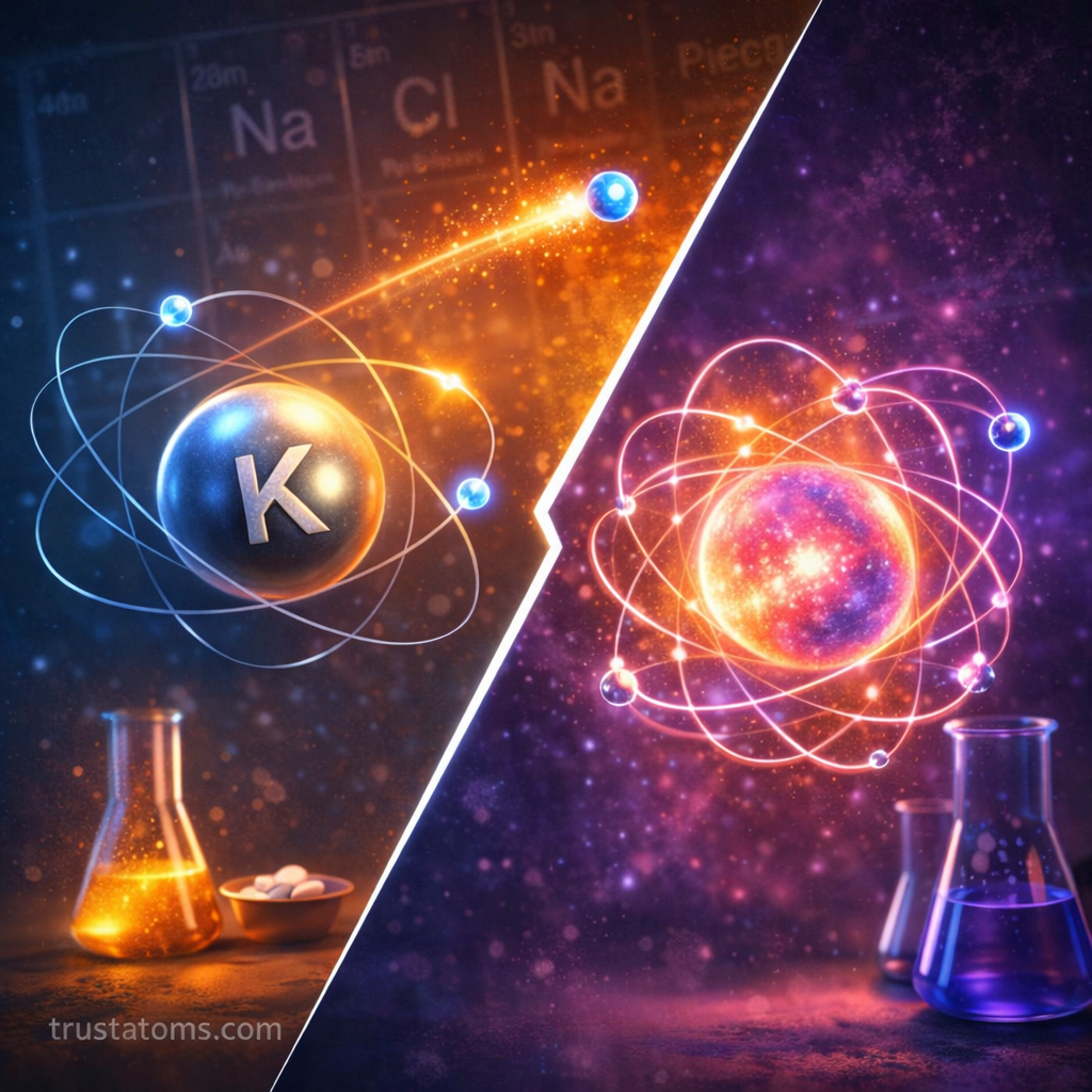 Split illustration showing two atoms to demonstrate ionization energy differences, with one atom losing an electron easily and another holding electrons tightly.