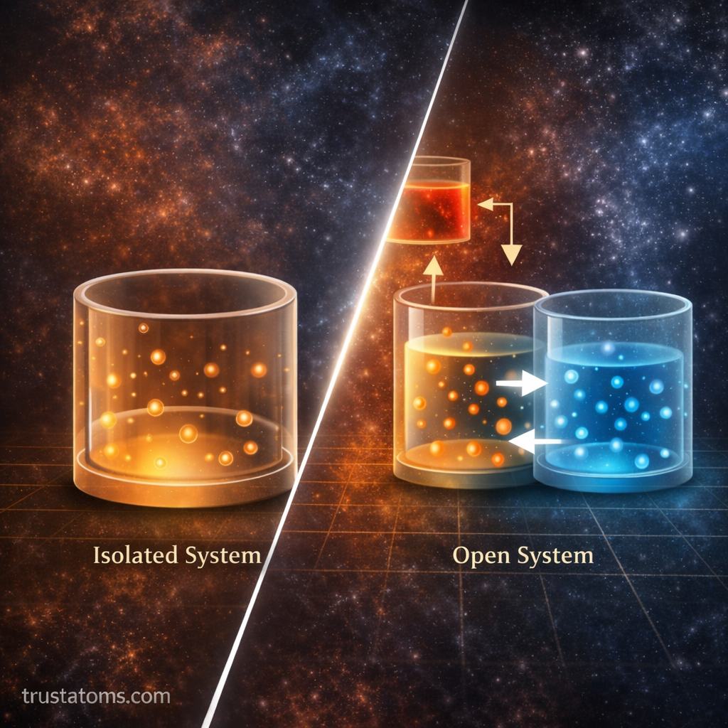 Diagonal split illustration comparing an isolated system and an open system in thermodynamic ensembles with particle exchange visualization.