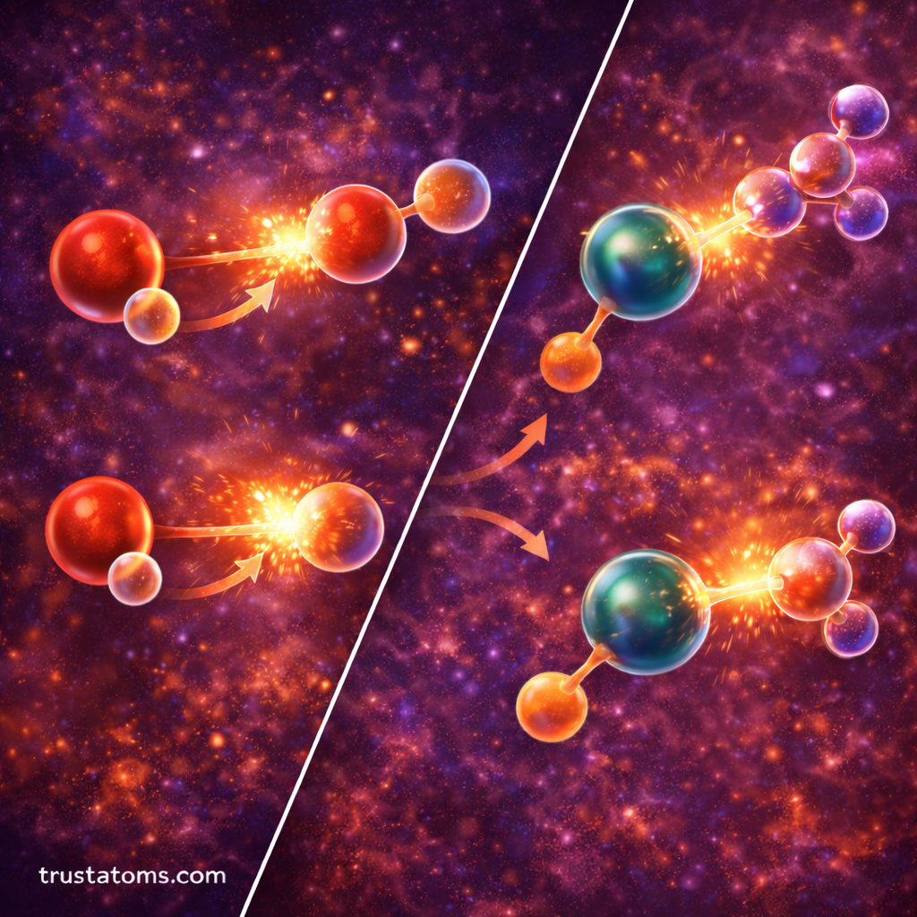 Split illustration showing isotope substitution influencing chemical reaction pathways.