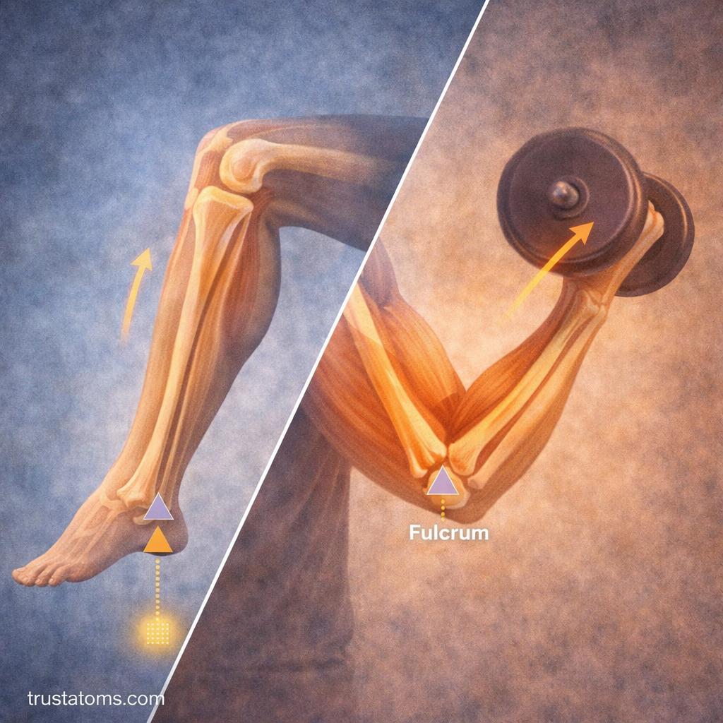 Split illustration showing knee extension and elbow flexion demonstrating lever mechanics with fulcrum at the joints.