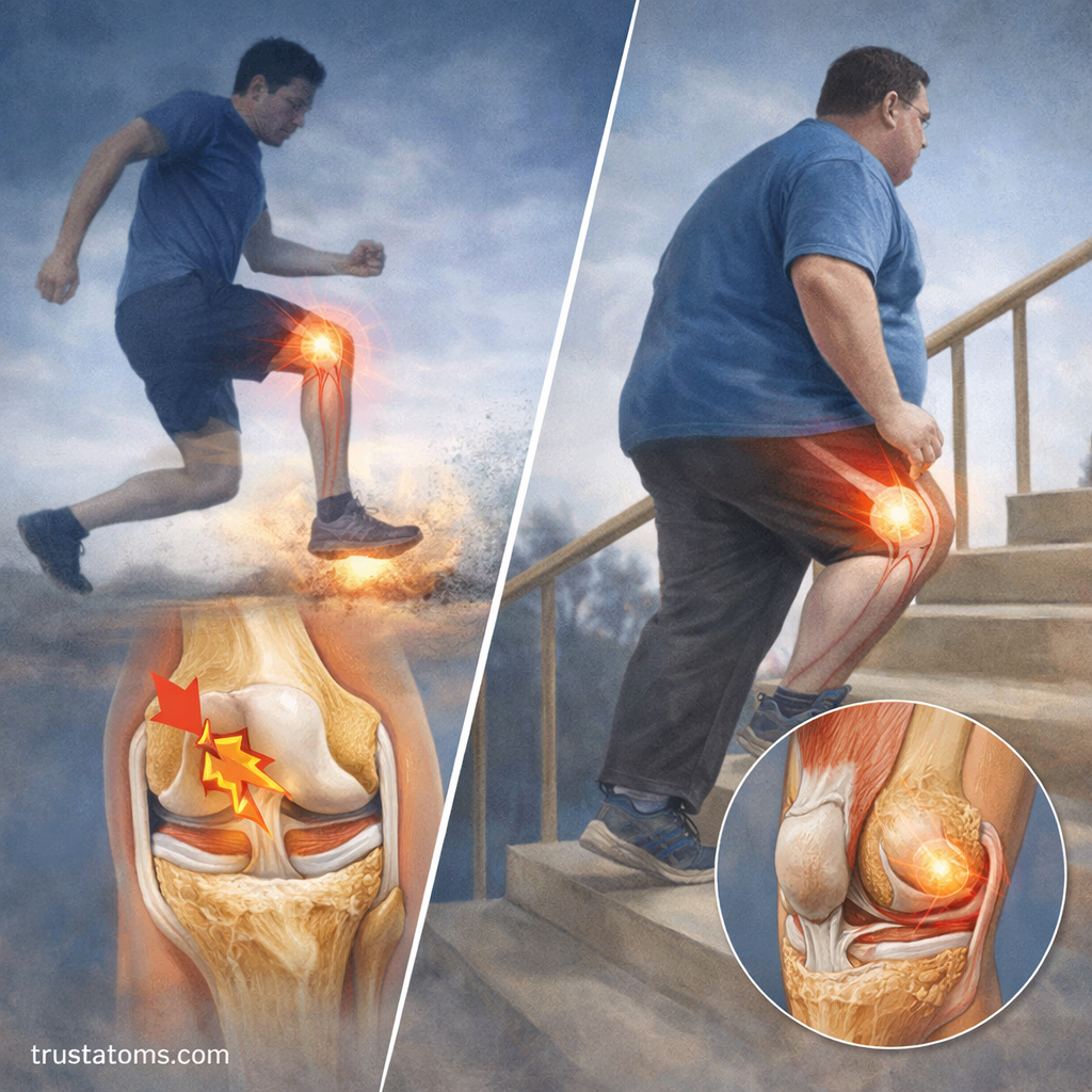 Split illustration showing knee joint stress during running and stair climbing, highlighting force distribution and pressure points.