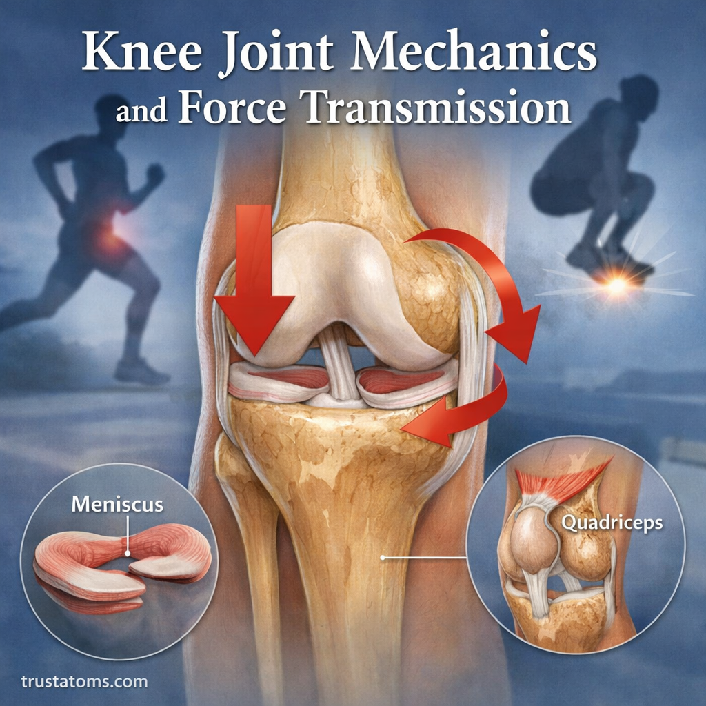 Illustration of knee joint mechanics showing force transmission through the femur, tibia, and patella with directional arrows.