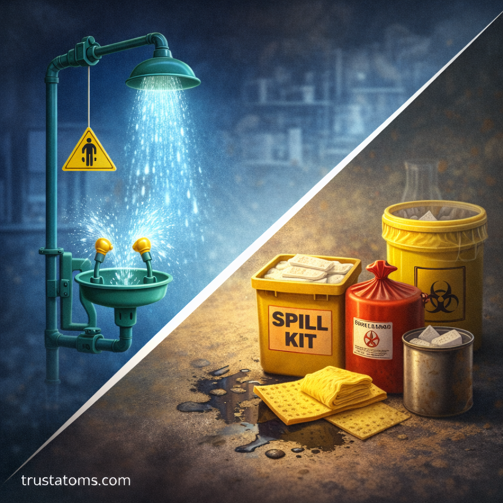 Illustration showing laboratory emergency eyewash station and chemical spill response kit used for lab safety.