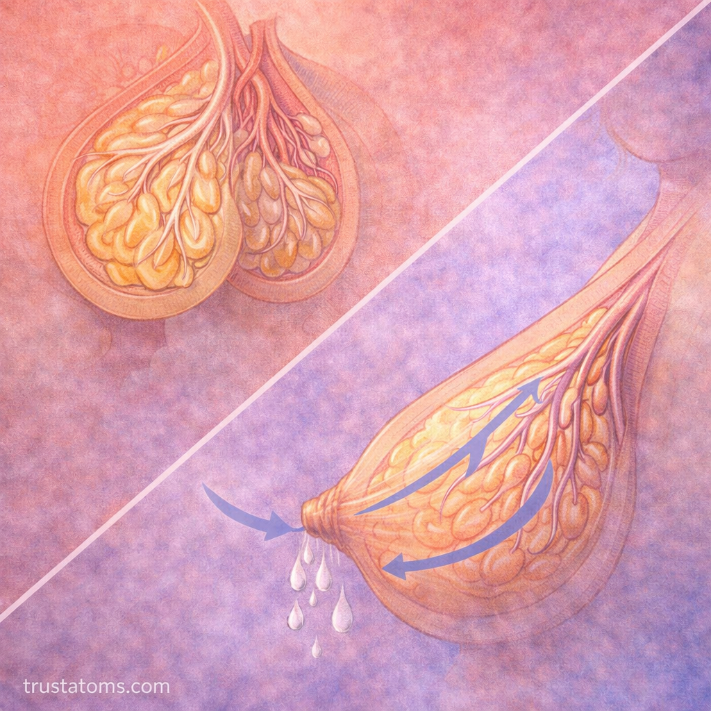 Split illustration showing milk production in alveoli and milk flow through ducts during lactation.