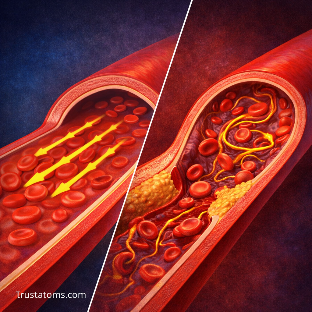 Split diagram comparing laminar blood flow with smooth parallel layers and turbulent blood flow with chaotic movement and plaque buildup in an artery.