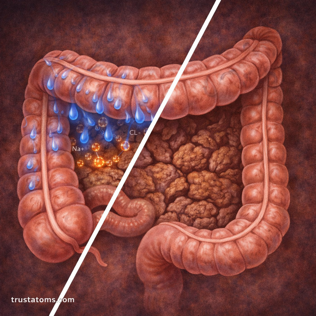 Split diagram showing normal water absorption in the large intestine compared to excessive absorption leading to dry stool.