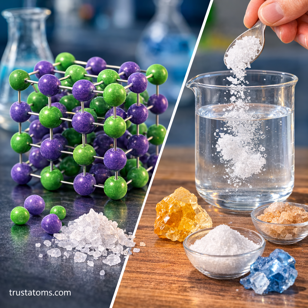 Split illustration showing an ionic crystal lattice structure and salt dissolving in water releasing ions.
