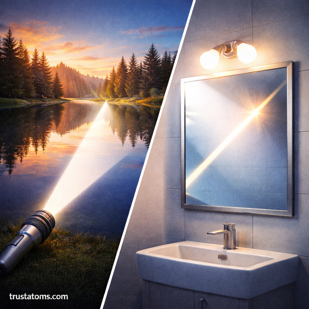 Split illustration showing light reflecting off a calm lake and a bathroom mirror to demonstrate everyday examples of the law of reflection.