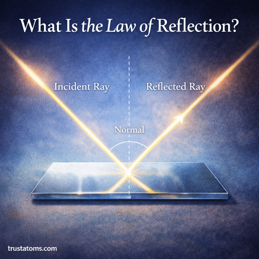 Illustration showing a beam of light hitting a mirror and reflecting away at the same angle to explain the law of reflection.
