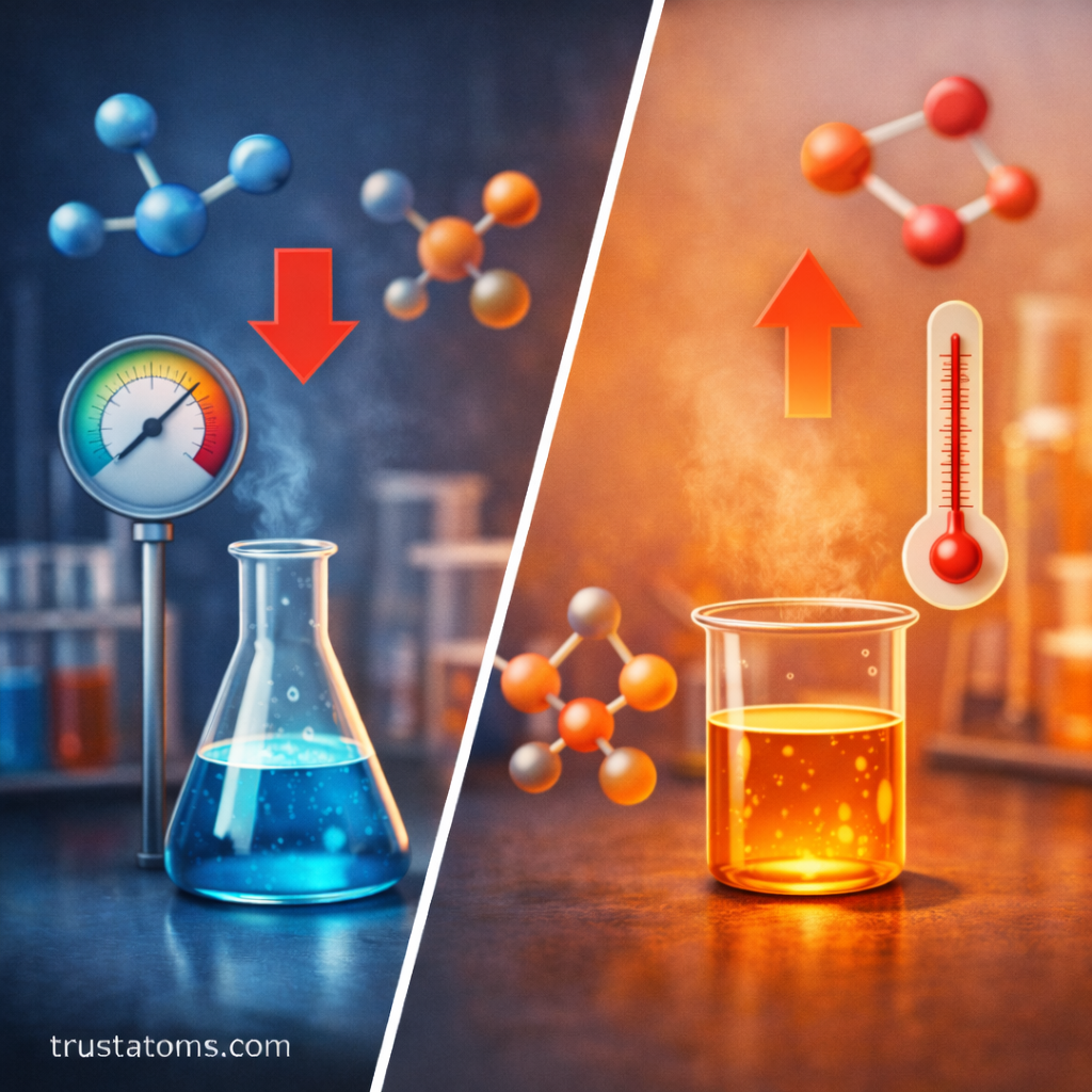 Split illustration showing pressure and temperature changes affecting chemical equilibrium in a laboratory setup.