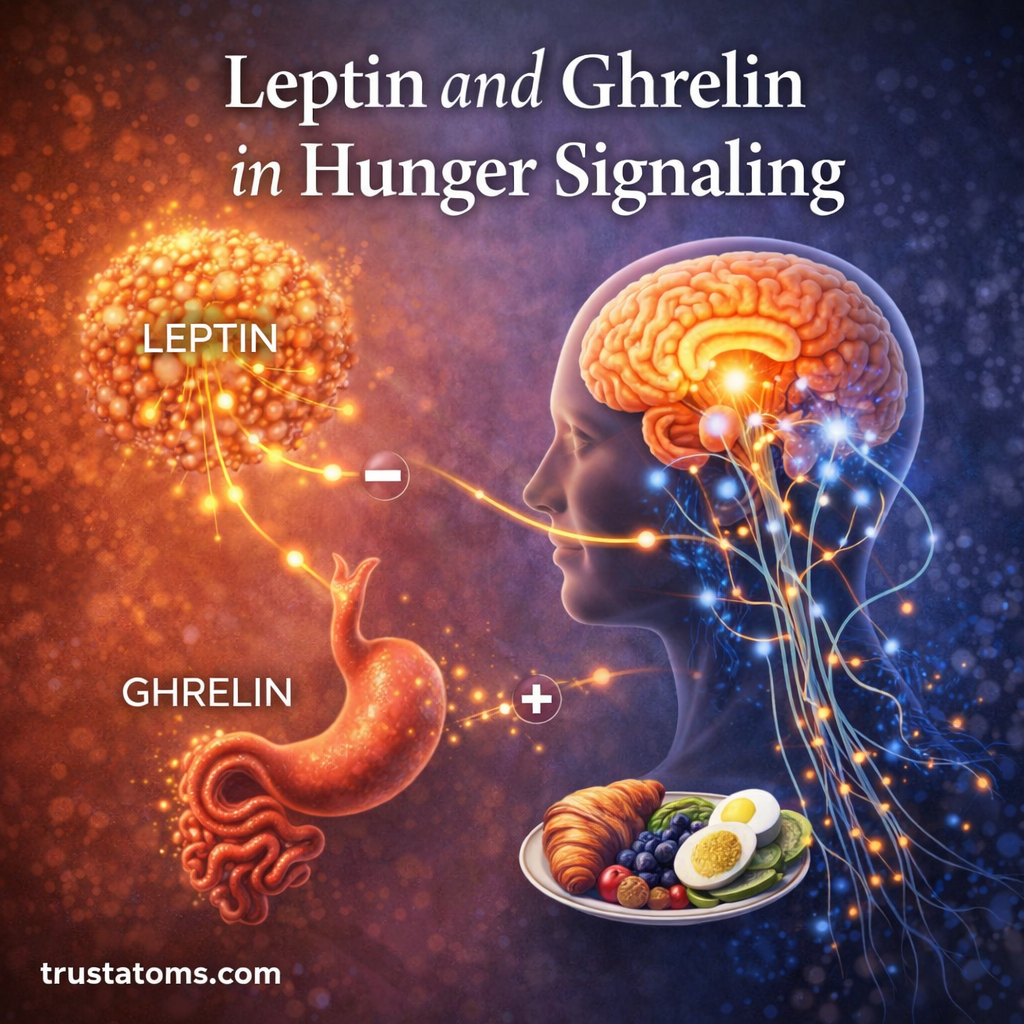 Illustration showing leptin and ghrelin hormones regulating hunger signals between fat cells, stomach, and brain.