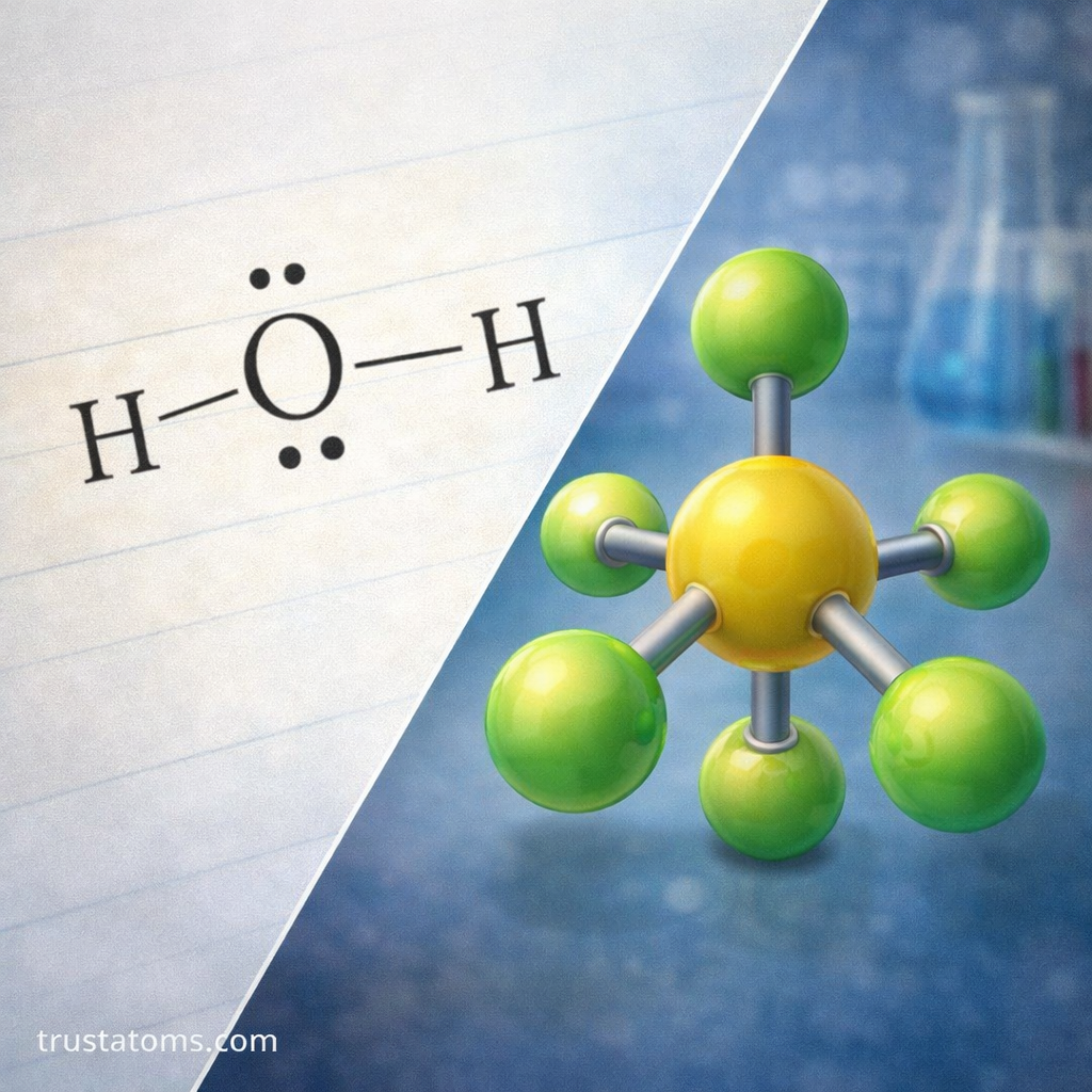 Split illustration comparing a simple Lewis structure diagram on paper with a colorful 3D molecular model used in chemical modeling.
