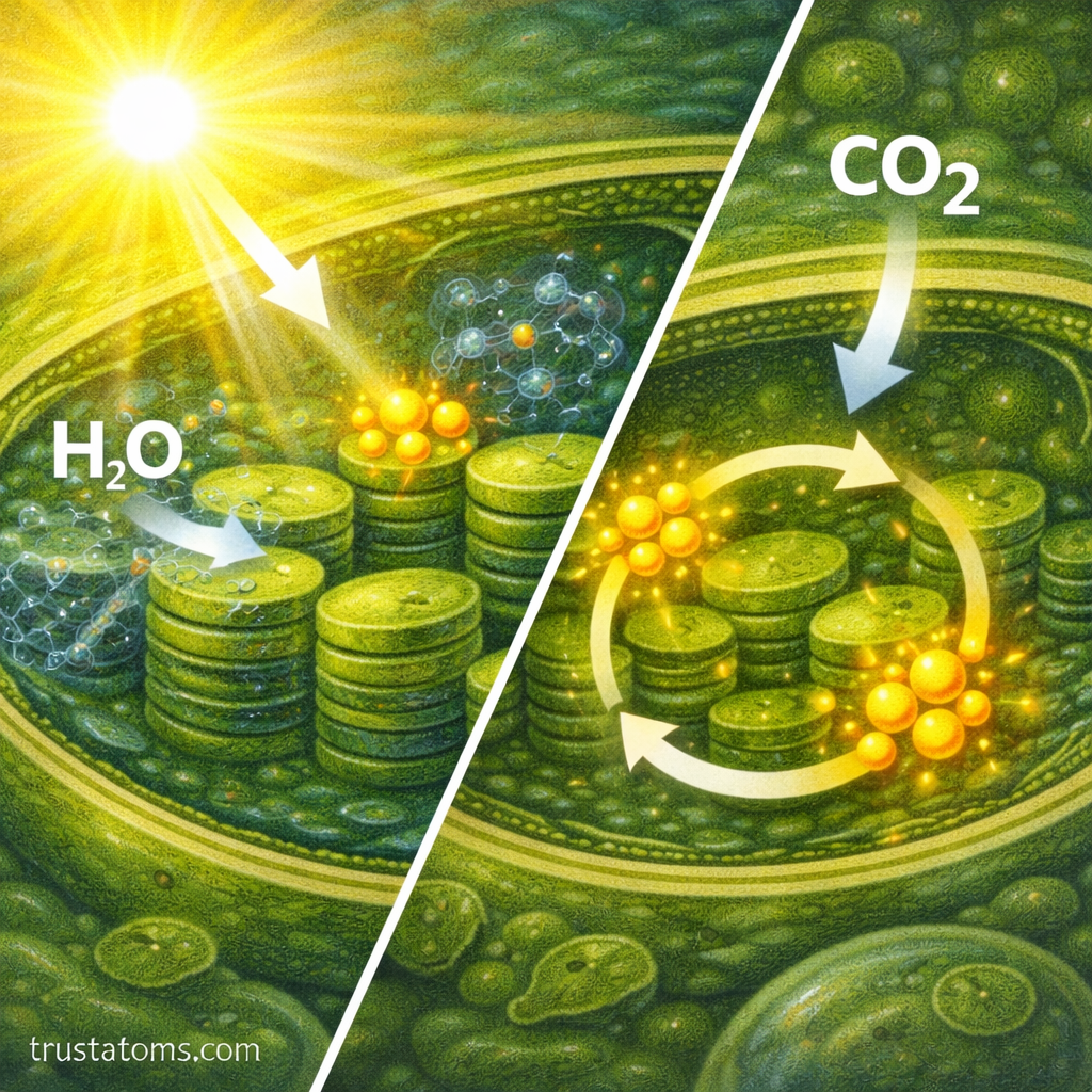 Split illustration showing light reactions in thylakoid membranes and the Calvin cycle in the stroma of a chloroplast.