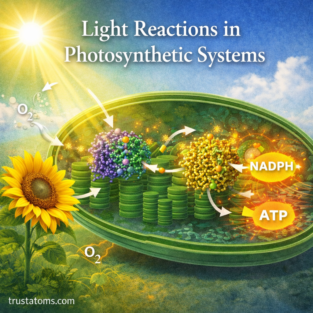 Educational illustration showing sunlight powering light reactions inside a chloroplast thylakoid membrane producing ATP and NADPH.