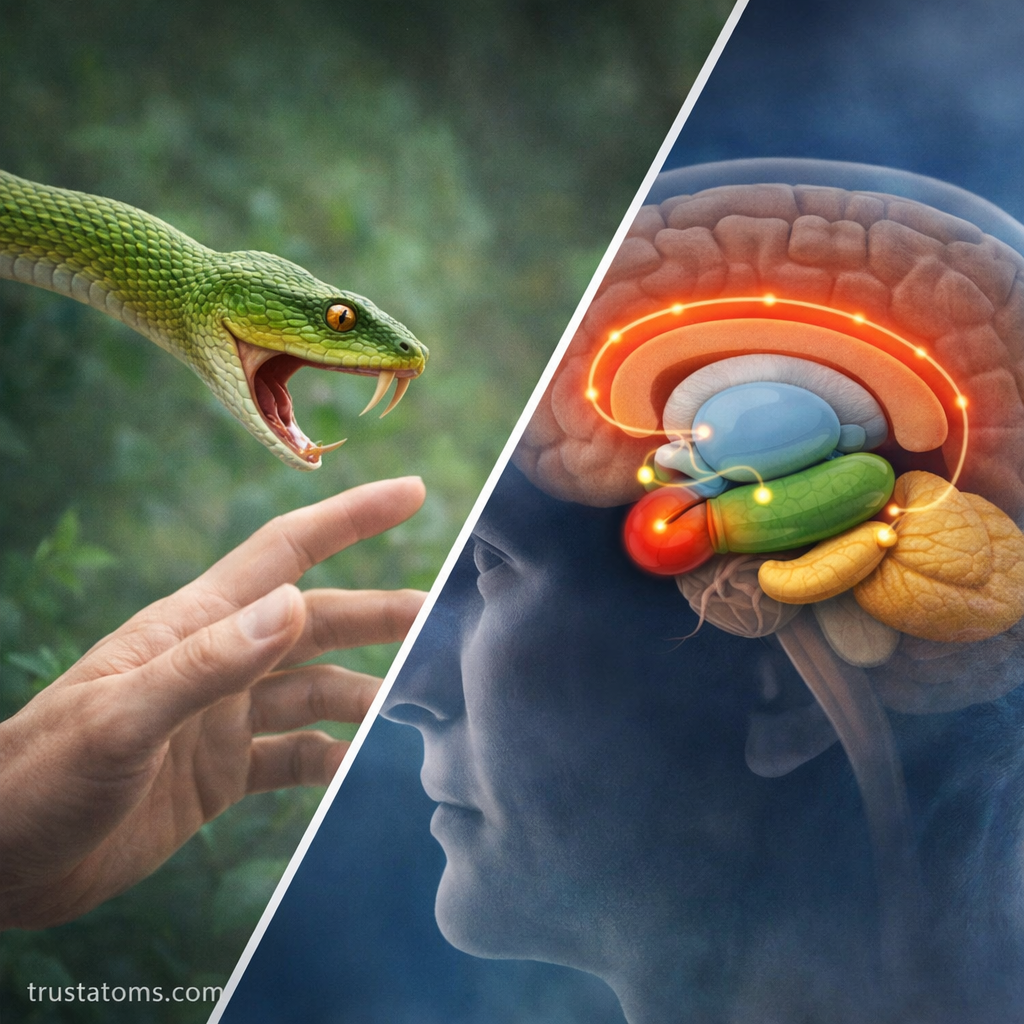 Split illustration showing a person reacting to a snake and the brain’s limbic system activating the fear response.