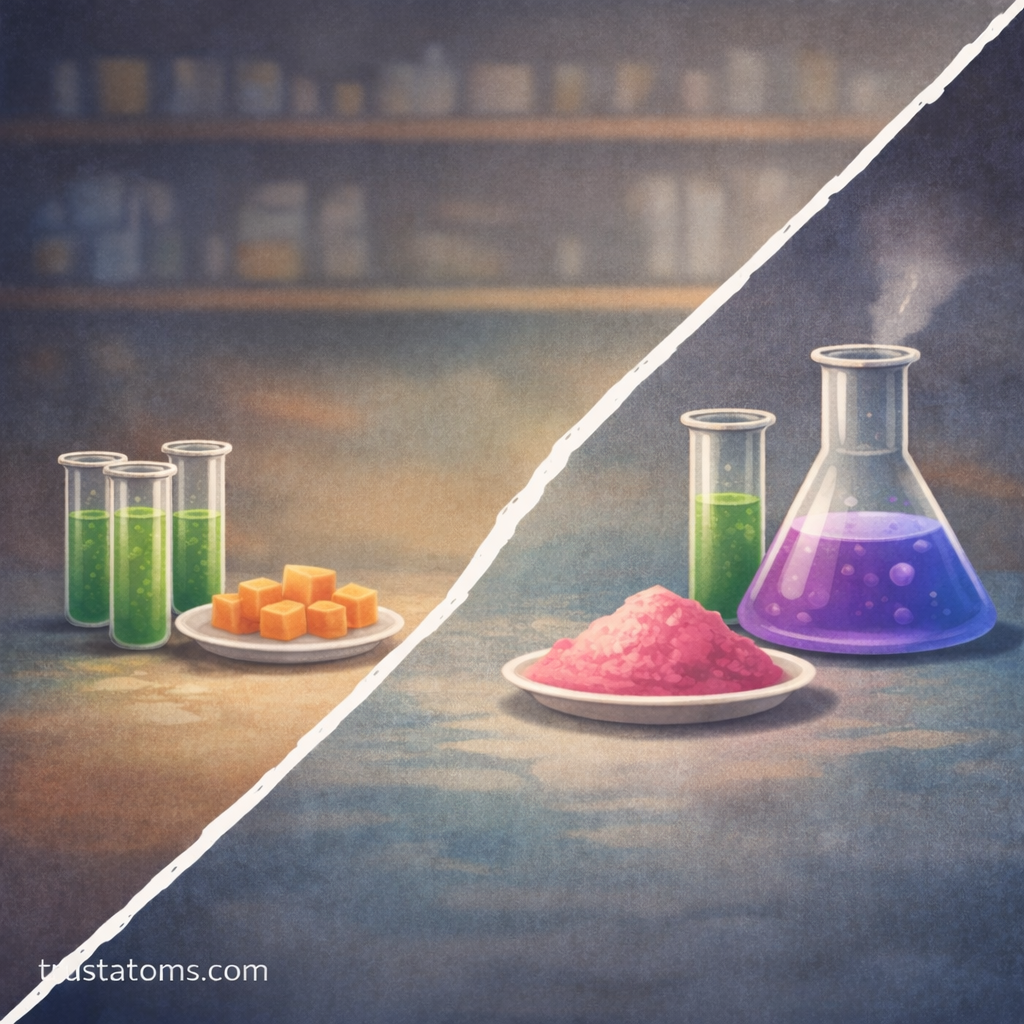 Split illustration showing a limiting reactant on one side and excess reactants on the other using laboratory glassware to demonstrate how chemical reactions stop when one reactant runs out.