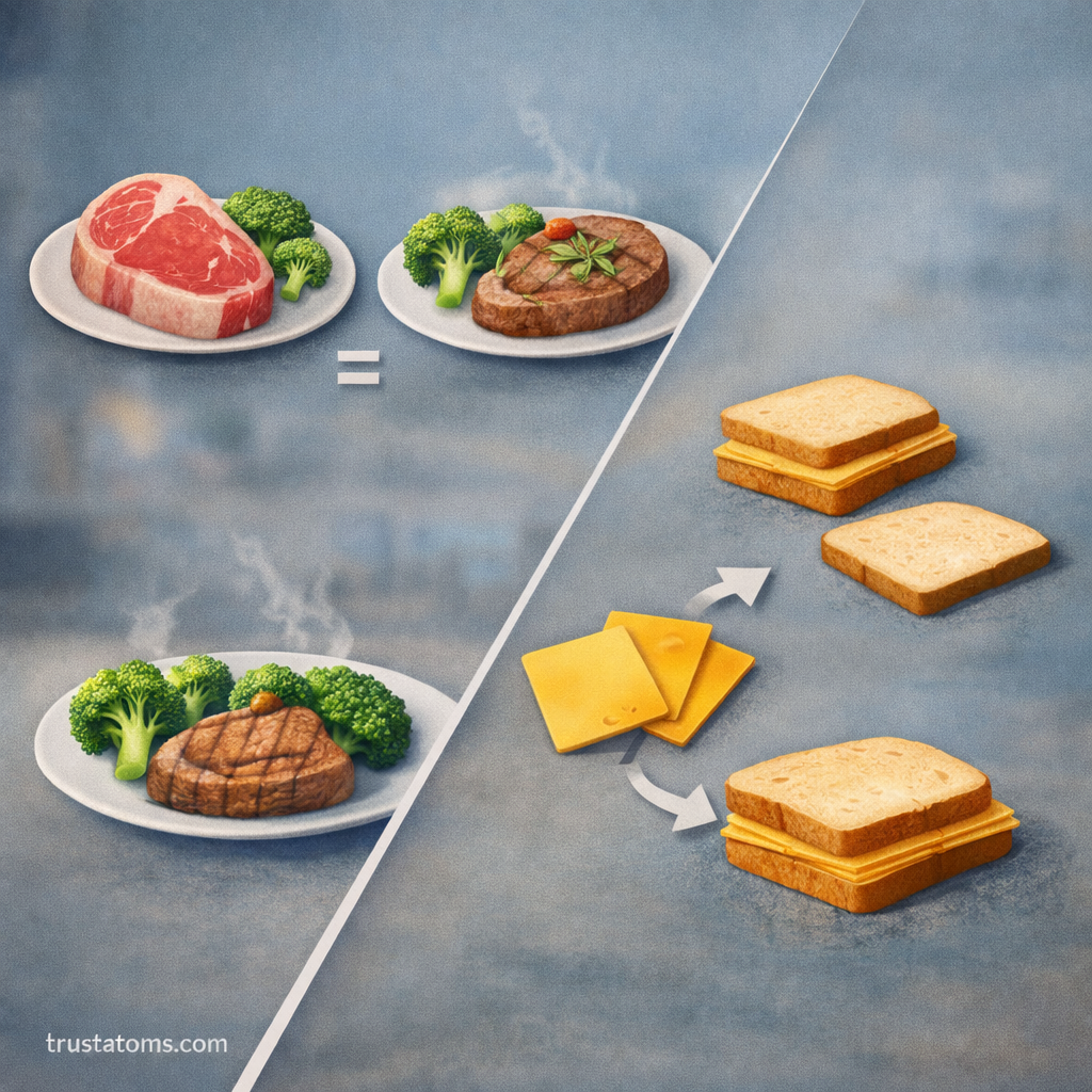 Split educational illustration showing food ingredient combinations demonstrating how one ingredient runs out first, representing the concept of a limiting reagent.