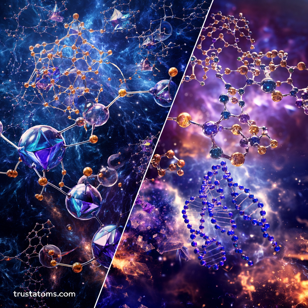 Split illustration comparing linear molecular chains with complex knotted molecular topologies.