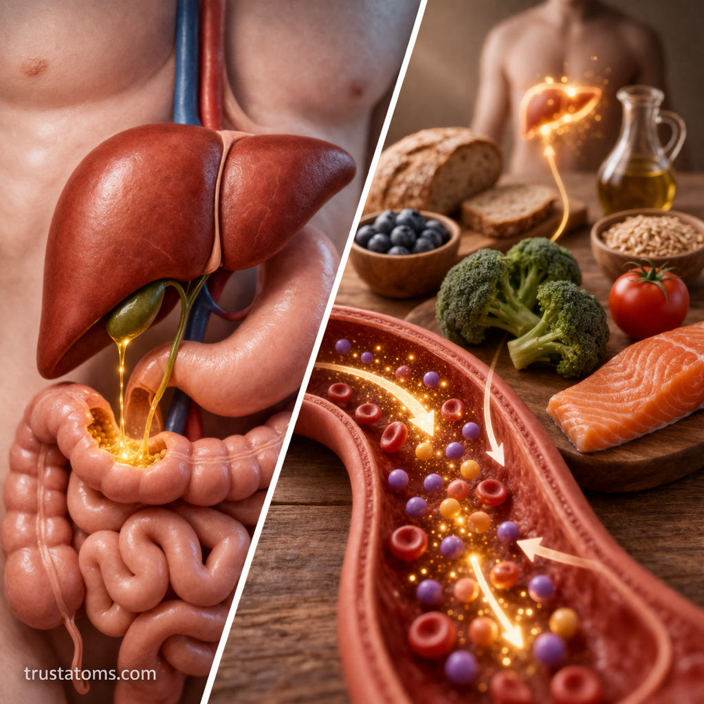 Split diagram showing bile aiding fat digestion on one side and liver processing nutrients in the bloodstream on the other.