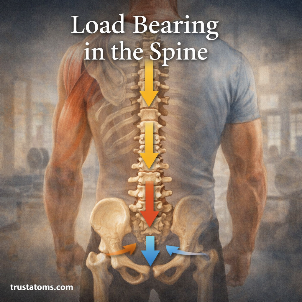 Illustration of the human spine showing load distribution from the upper back through the lumbar region into the pelvis.