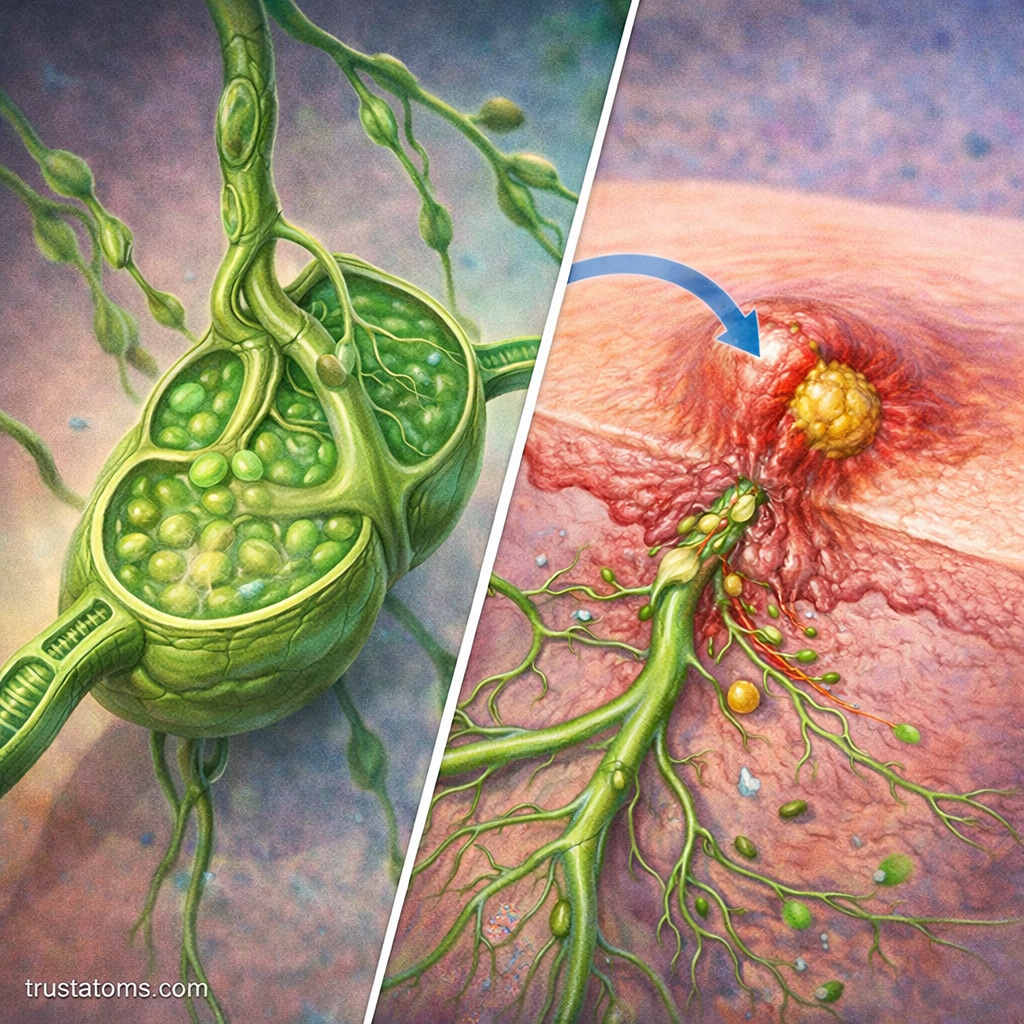 Split illustration showing a close-up of a lymph node filtering fluid on one side and localized skin infection with lymphatic response on the other.