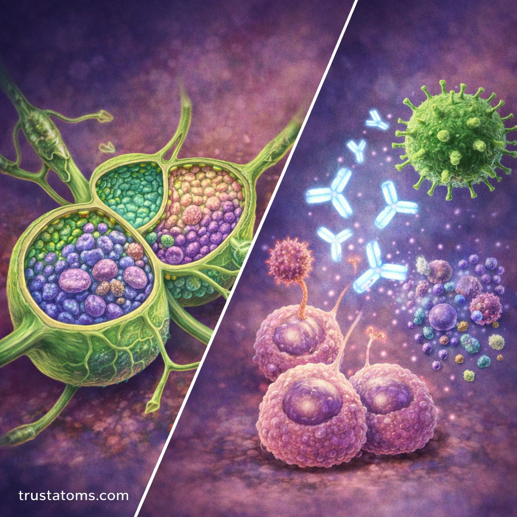 Split diagram showing lymph node internal structure and immune cells producing antibodies to target pathogens.