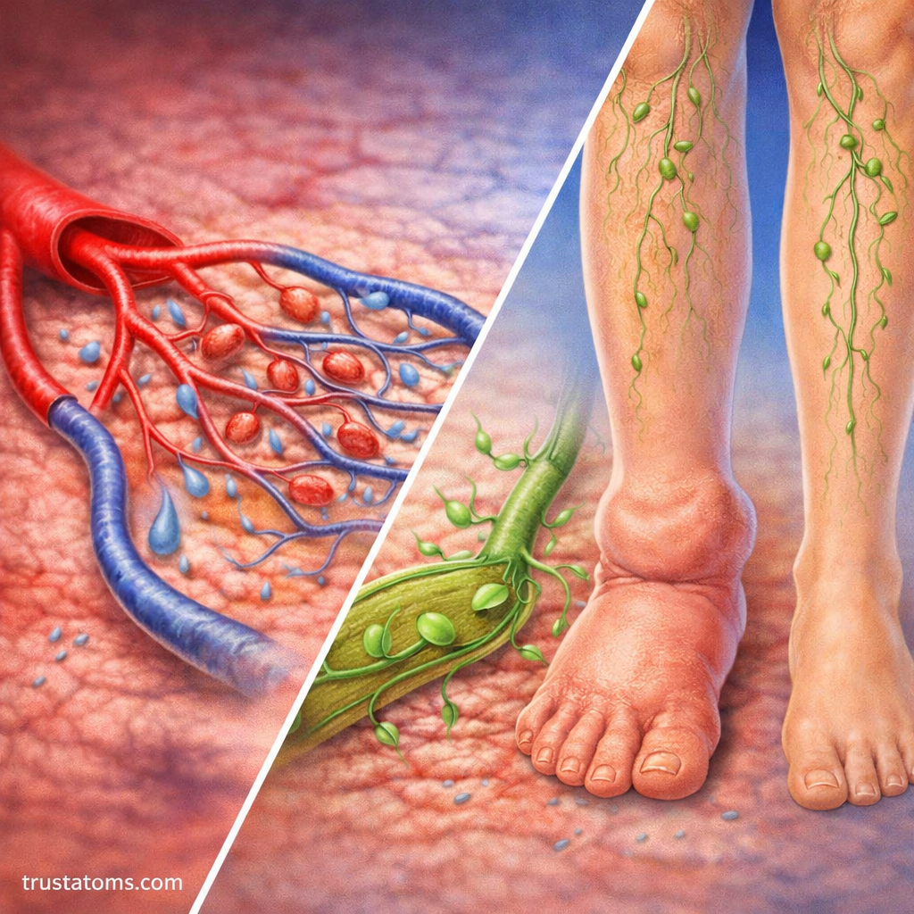 Split illustration showing normal capillary fluid exchange on one side and lymphedema swelling in the leg on the other, highlighting lymphatic system function.
