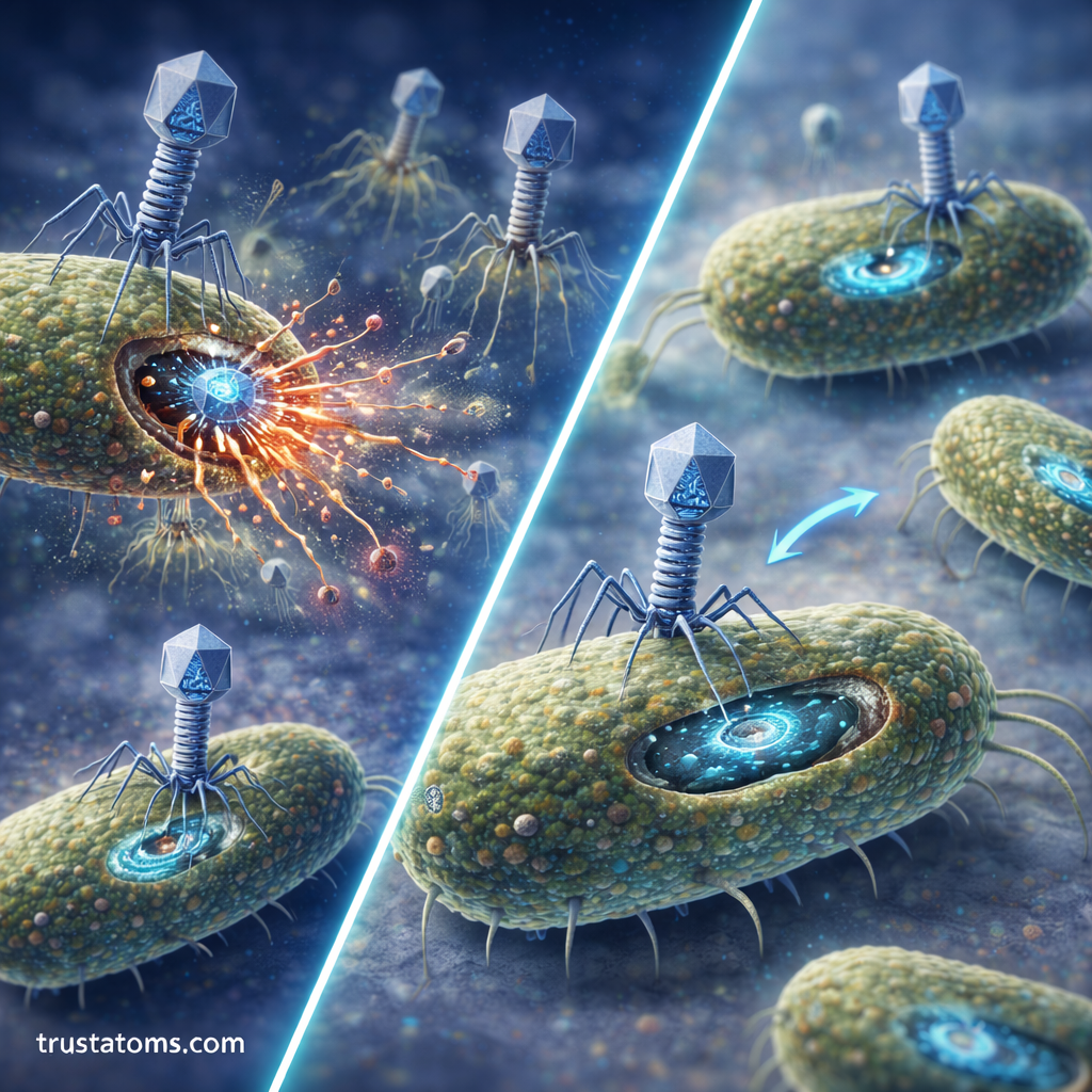 Split diagram comparing the lytic cycle where viruses burst from a host cell and the lysogenic cycle where viral DNA integrates into the host genome.
