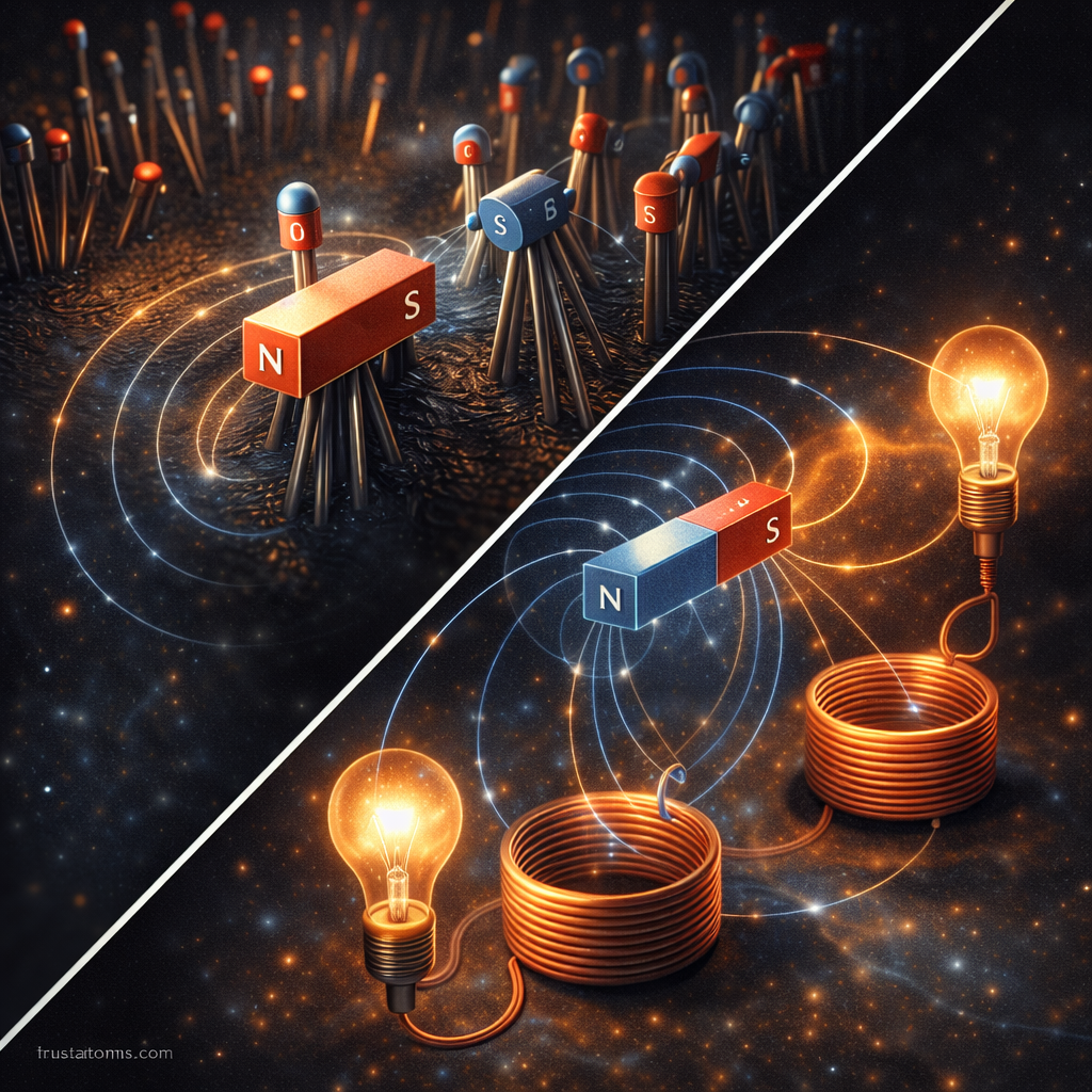 Split-diagonal illustration showing magnetic dipole alignment in a material and an electromagnet coil interacting with a bar magnet through magnetic field lines.