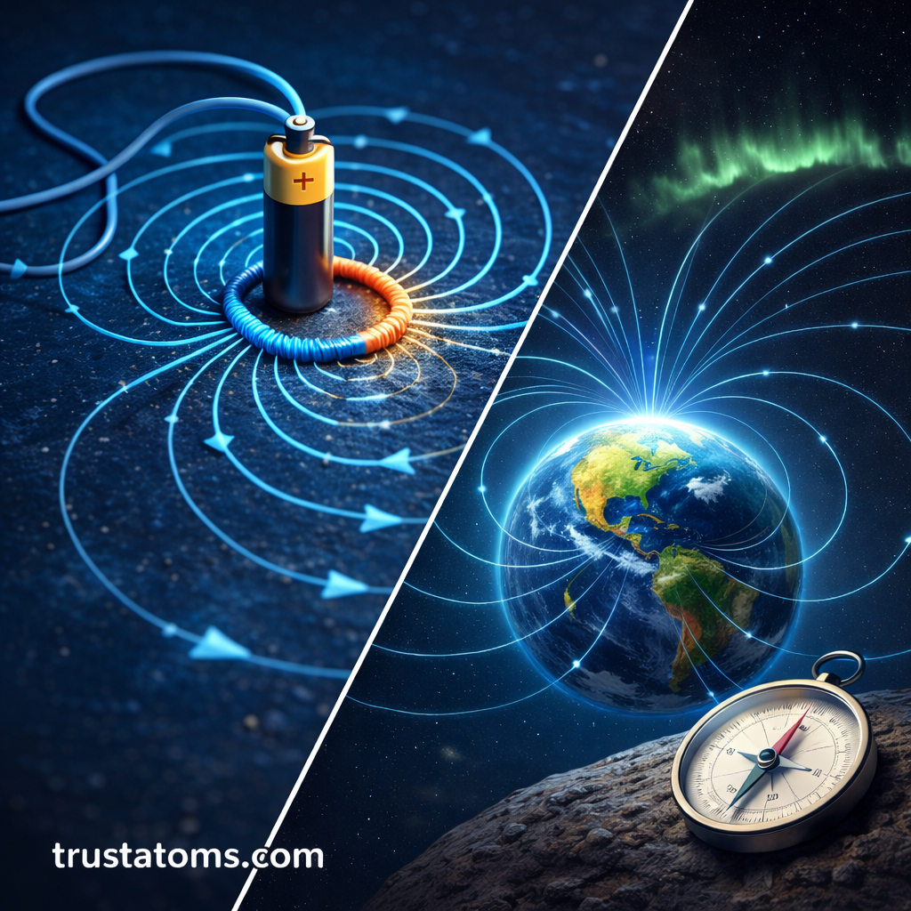 Educational split illustration showing a magnetic field created by an electric current in a wire and Earth’s magnetosphere surrounding the planet.
