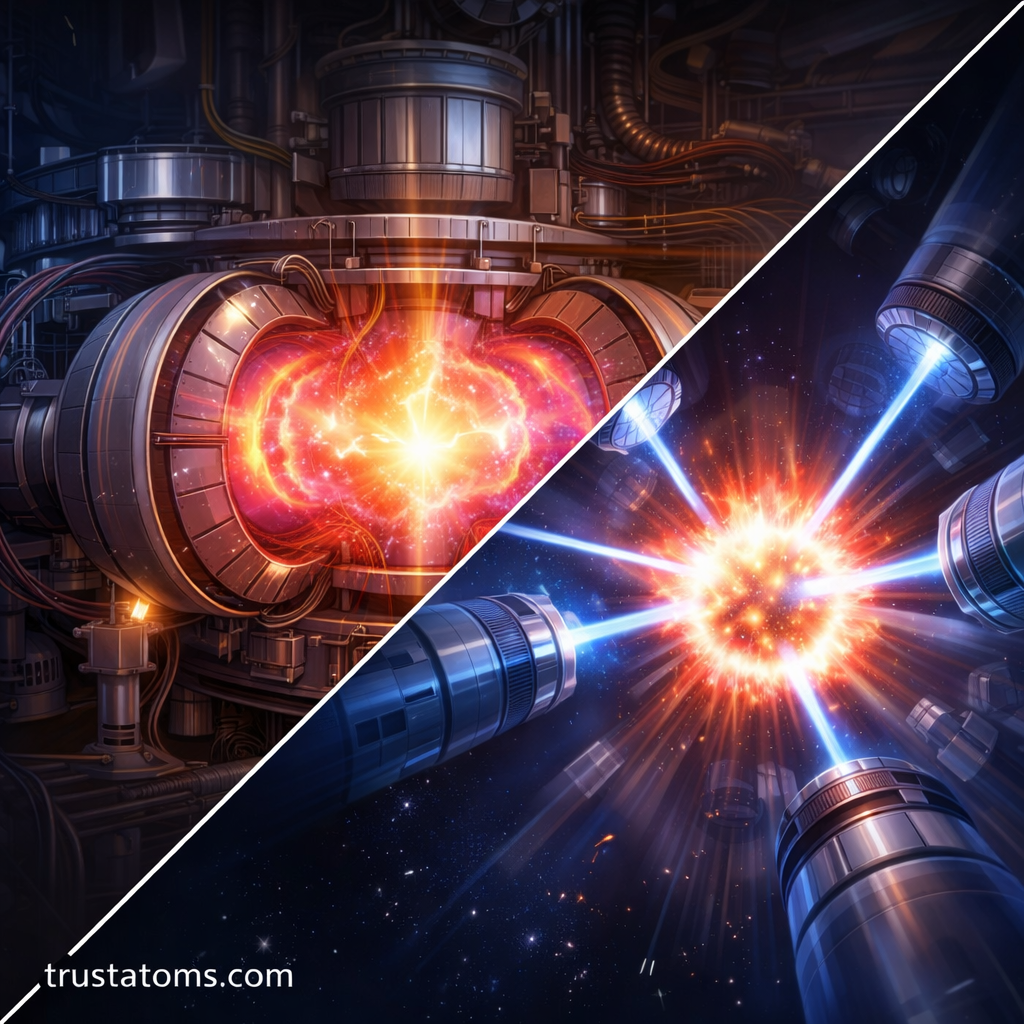Split illustration comparing magnetic confinement fusion in a tokamak reactor and inertial confinement fusion using laser compression, with trustatoms.com watermark.