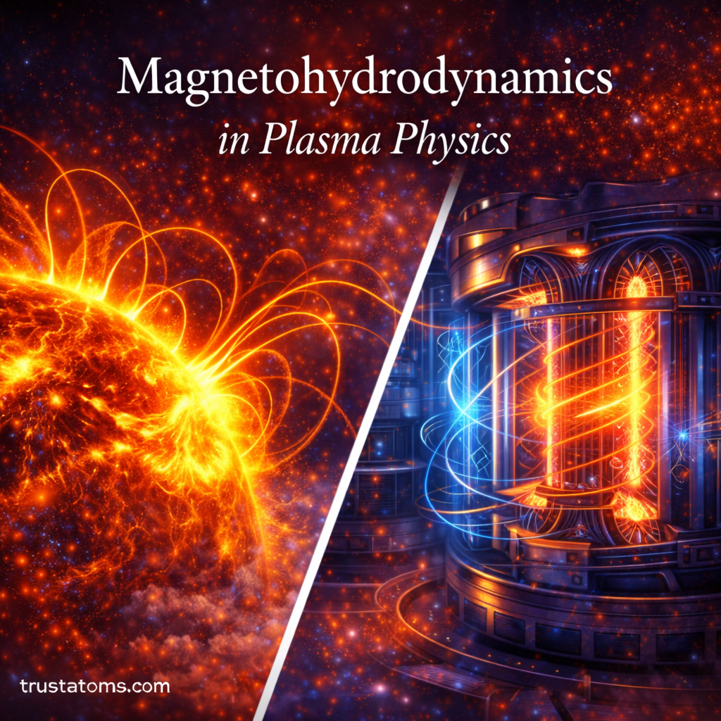 Split illustration showing solar plasma magnetic loops and a fusion reactor with magnetically confined plasma representing magnetohydrodynamics in plasma physics with trustatoms.com watermark.