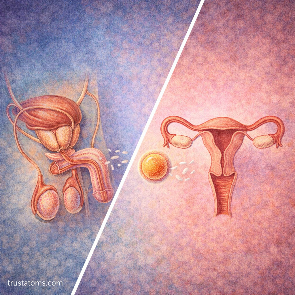 Diagonal split illustration showing male reproductive organs on one side and female reproductive organs on the other with sperm and egg interaction.