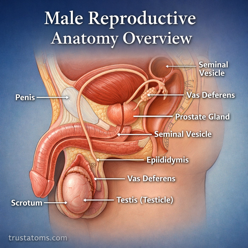 Male reproductive anatomy overview diagram showing labeled internal and external organs including penis, testes, epididymis, vas deferens, prostate, and seminal vesicles.