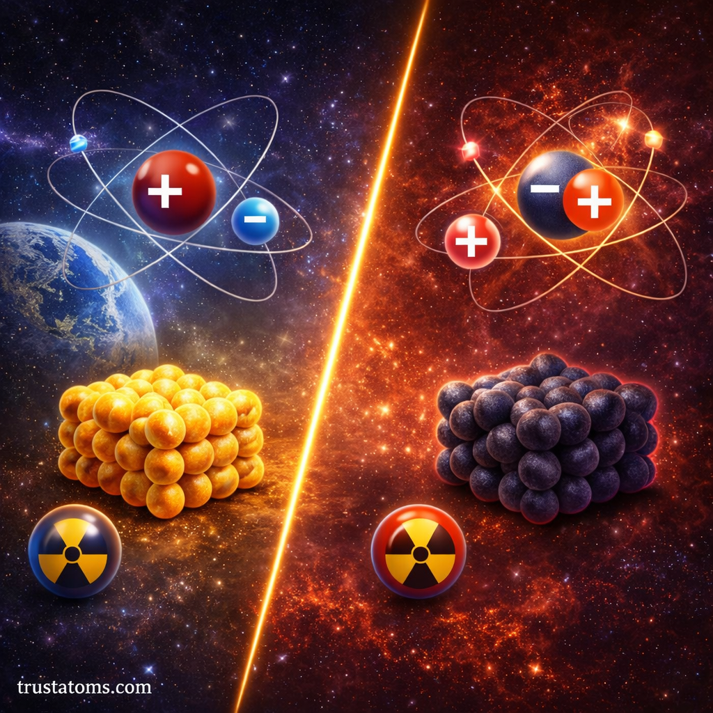 Illustrated comparison of matter and antimatter particles shown in a diagonal split diagram with atomic structures and particle clusters.