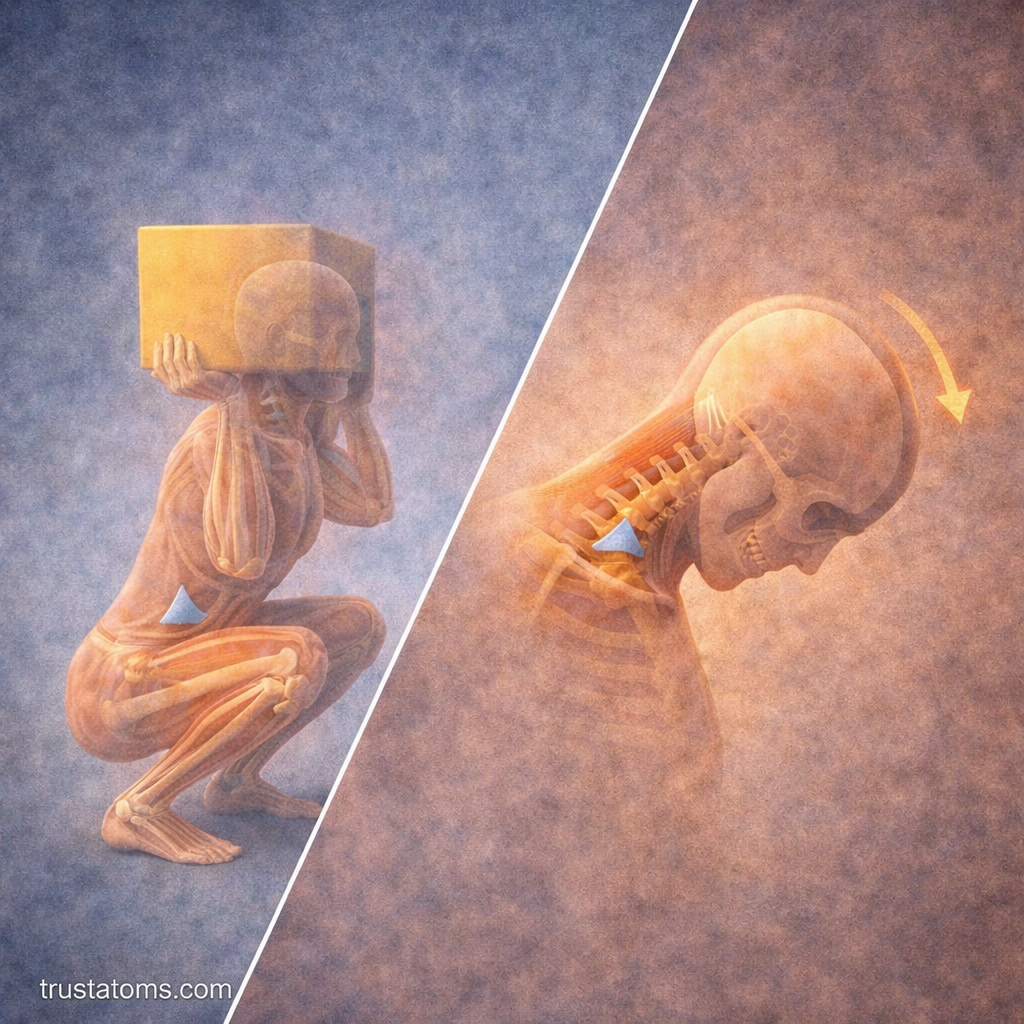 Split illustration showing squat movement lifting load and neck nodding motion demonstrating lever mechanics in the human body.