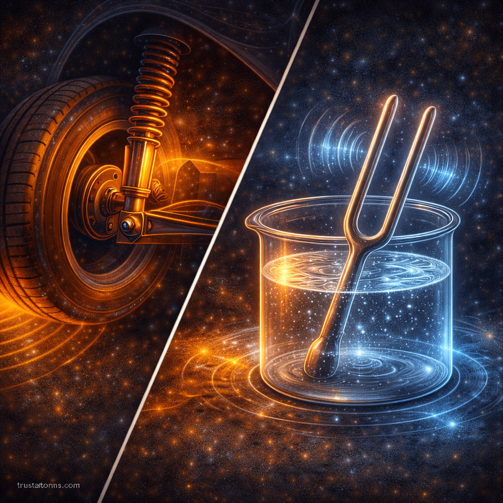 Split-diagonal illustration showing a car suspension shock absorber and a tuning fork vibrating in water, demonstrating oscillation damping in mechanical systems.