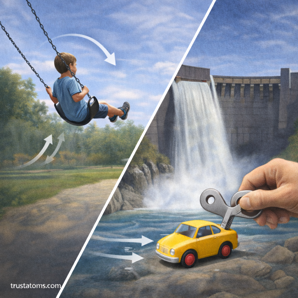 Split illustration showing a child swinging on a playground and water flowing from a dam with a wind-up toy car, demonstrating examples of mechanical energy in motion and stored energy.