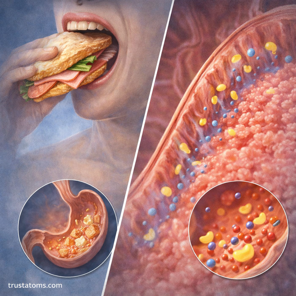 Split diagram showing mechanical digestion in the mouth and chemical digestion in the small intestine with nutrient breakdown.